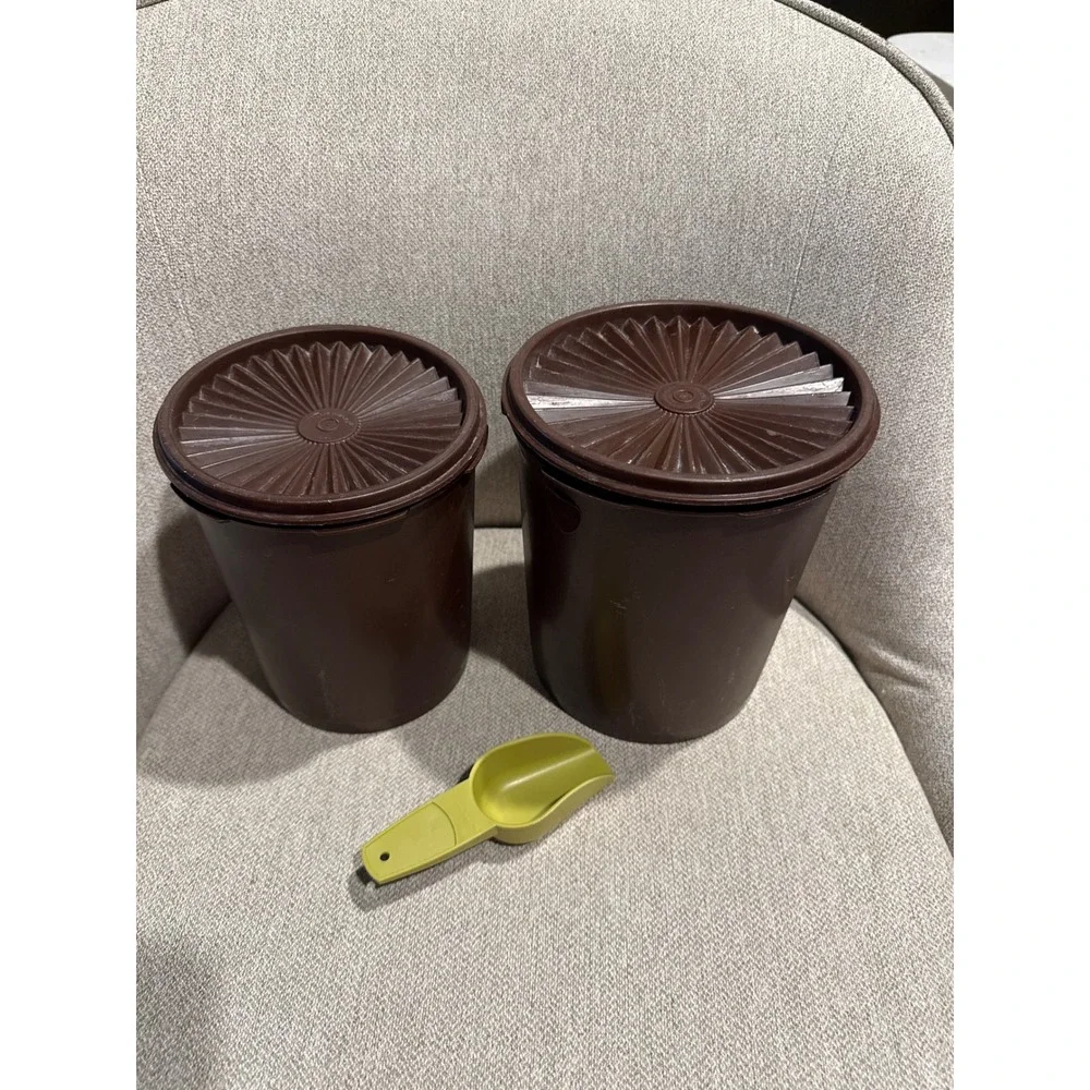 Vintage Tupperware Canister Set Brown Gold Leaf Servalier Lids 5pc Scoop Nesting